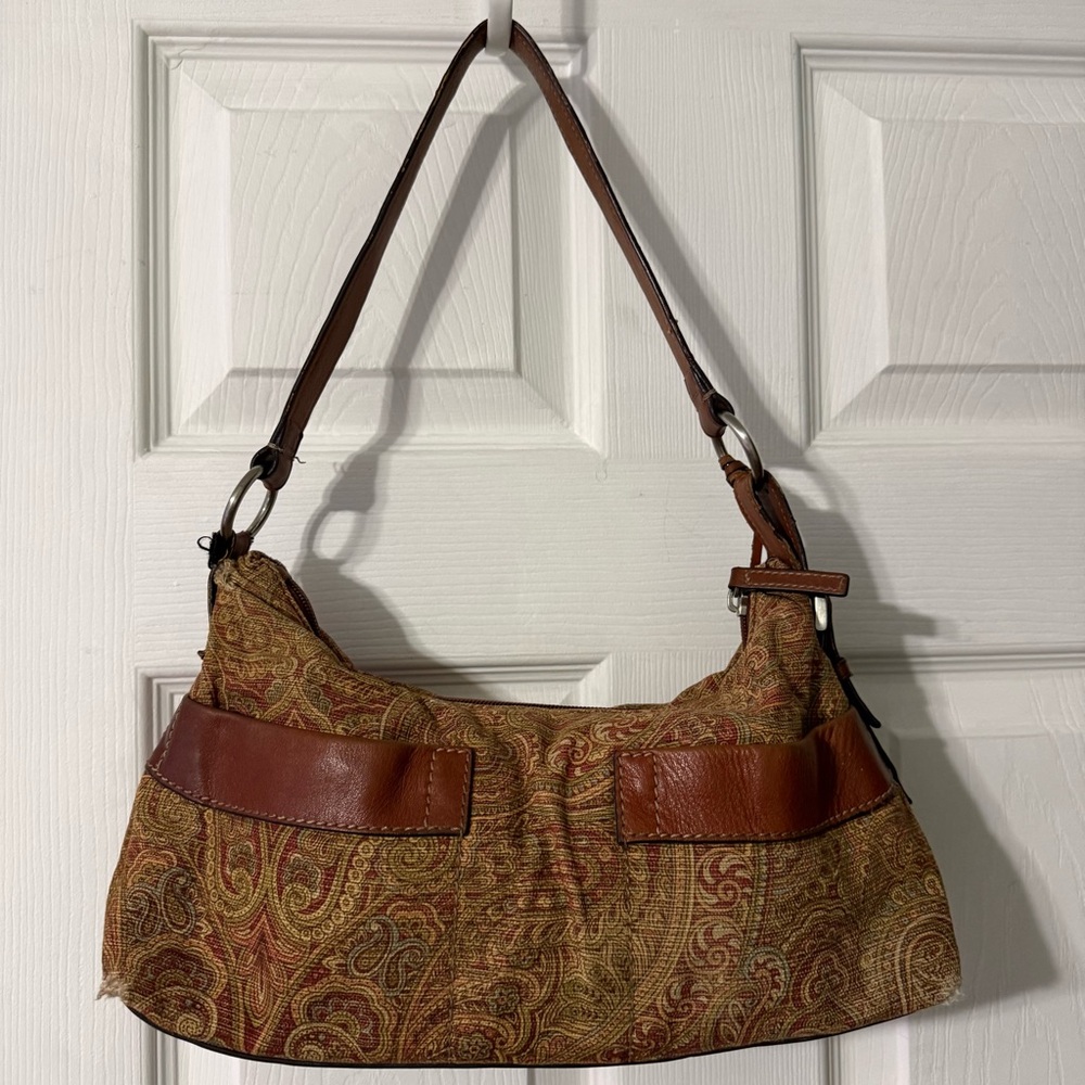 Fossil Brown Paisley Tapestry Leather Trim Shoulder Bag Purse